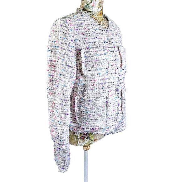 Olivaceous Bumpy Textured Colorful Silver Glittery Frayed Edge Cropped Jacket - Picture 5 of 10